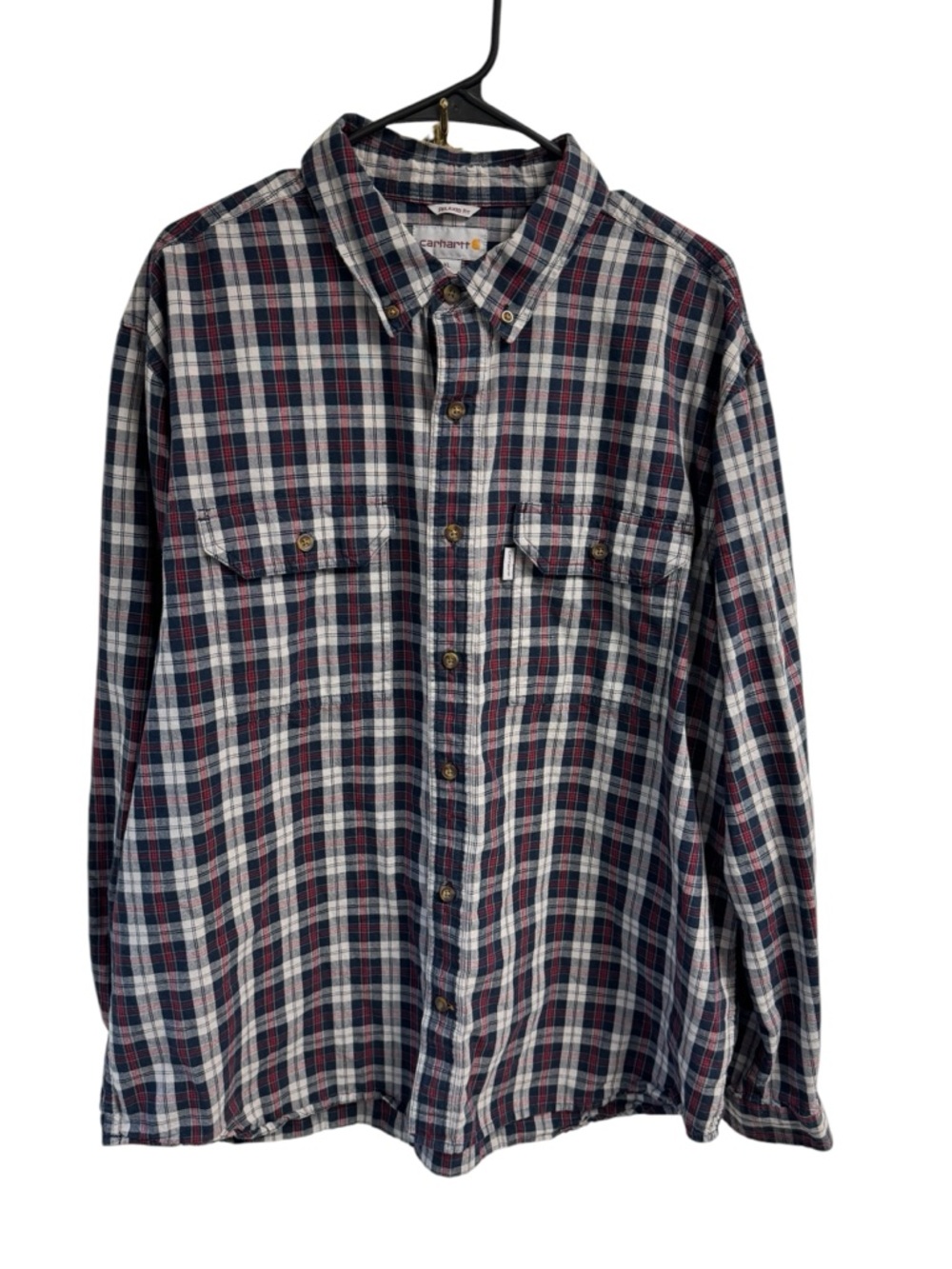 Carhartt Men's Navy,‎ Red and White Plaid Button-Down Shirt